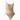Tailored Styling Chanel Coco Beach one-piece swimsuit featuring horizontal pink and yellow stripes with thin straps.